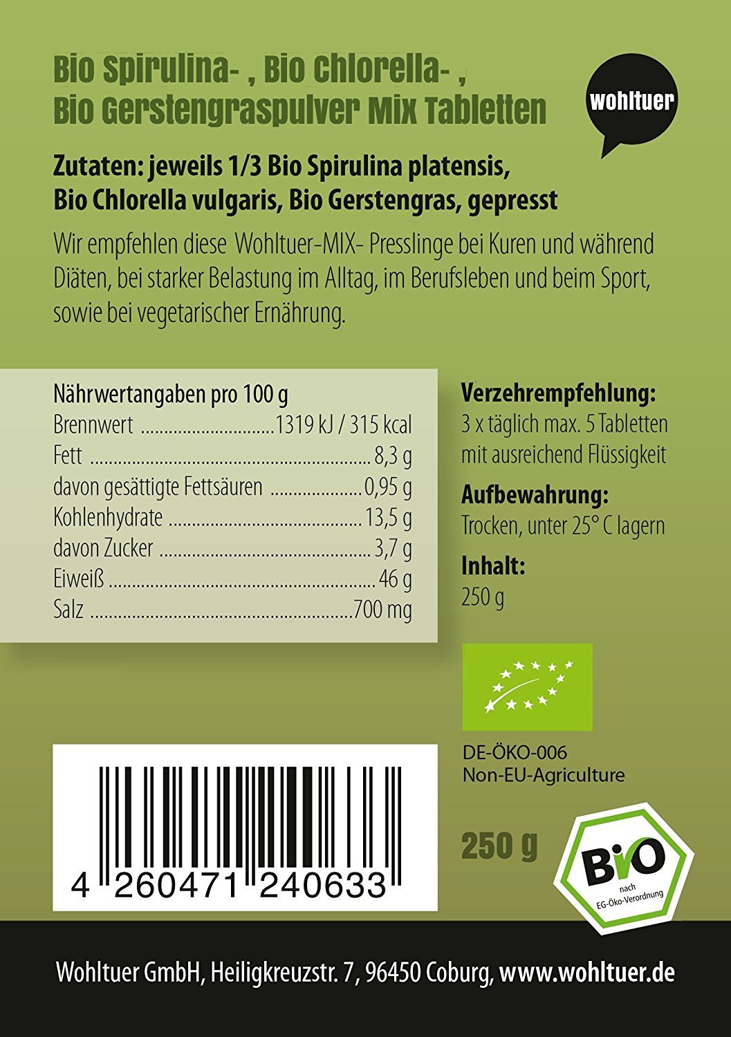 Bio Spirulina-Chlorella-Gerstengras-Mix Presslinge - 250g