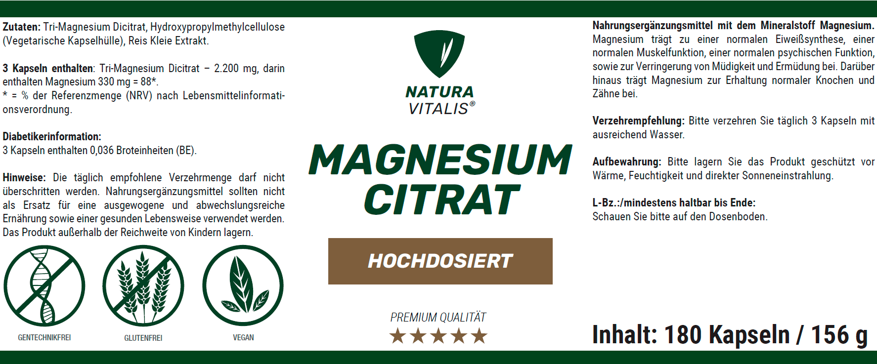 Magnesium Citrat hochdosiert - 180 Kapseln