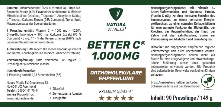 Better C mit 1000mg hochdosiertem Vitamin C - 90 Presslinge