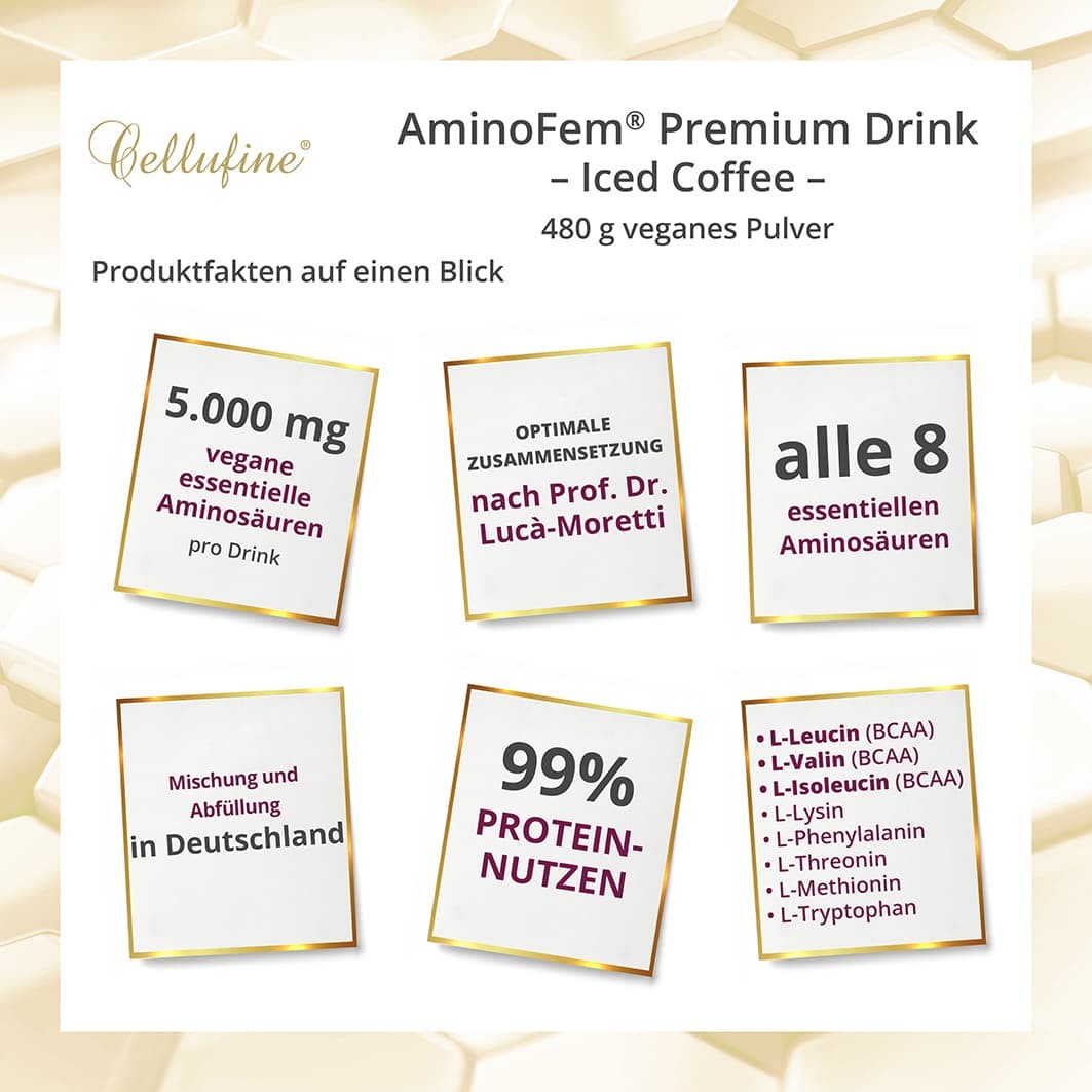 Cellufine AminoFem 8 essentielle Aminosuren Premium Drink - Iced Coffee - 480 g veganes Pulver