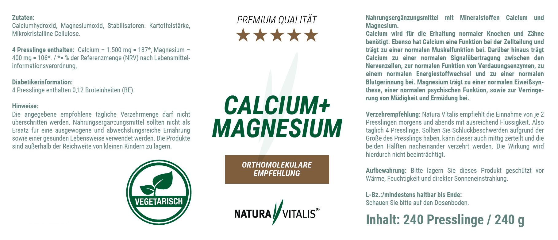 Calcium + Magnesium - 240 Presslinge - HOCHDOSIERT