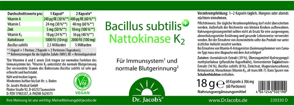 Bacillus subtilis plus Nattokinase K2 - 60 Kapseln