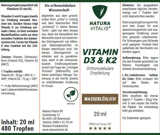 Vitamin D3 & K2 Tropfen - HOCHDOSIERT & WASSERLSLICH - 20 ml